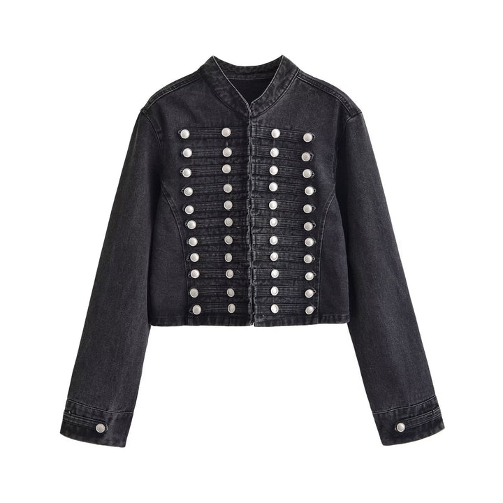Dam Denimjacka i Military Stil med Stå Krage och Dekorativ Knapp Plackets
