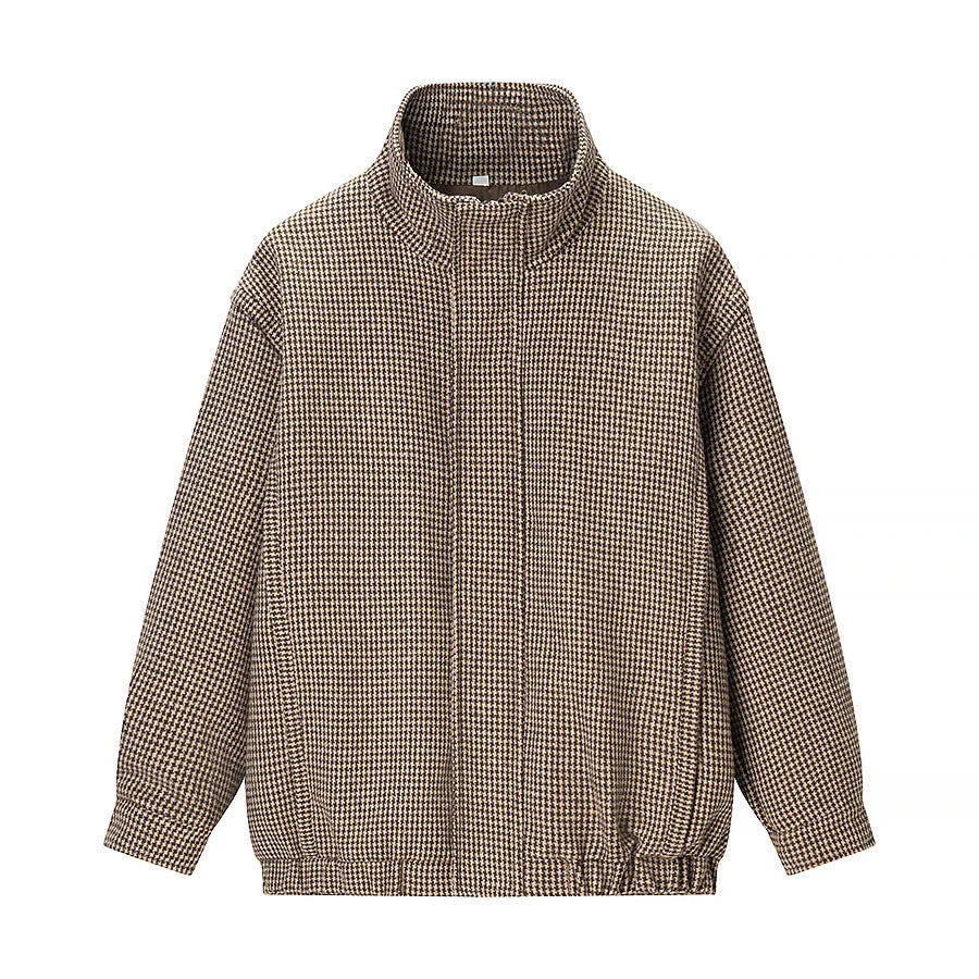 Dam lätt houndstooth övergångsjacka med high ståkrage, elastisk fåll, och concealed dragkedja
