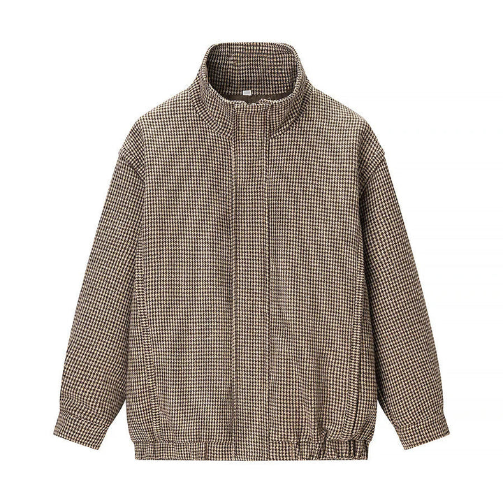 Dam lätt houndstooth övergångsjacka med high ståkrage, elastisk fåll, och concealed dragkedja