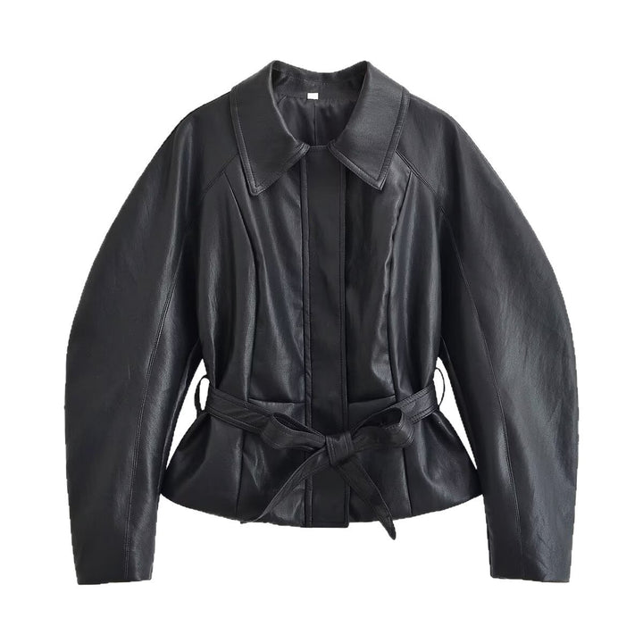Dam skräddad läderlook jacka med knytband och Raglan ärmar