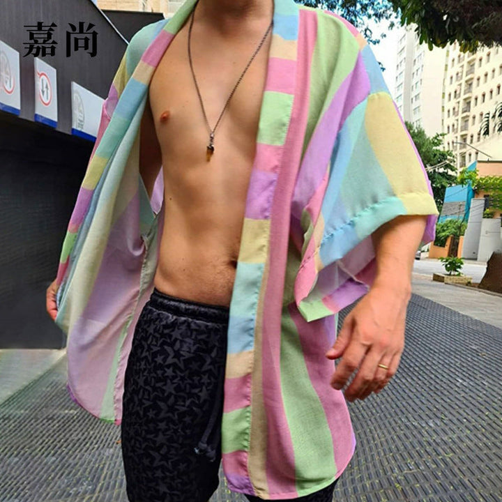 Dam lätt Oversize kimono kofta med Vertical Stripes och Open skärning