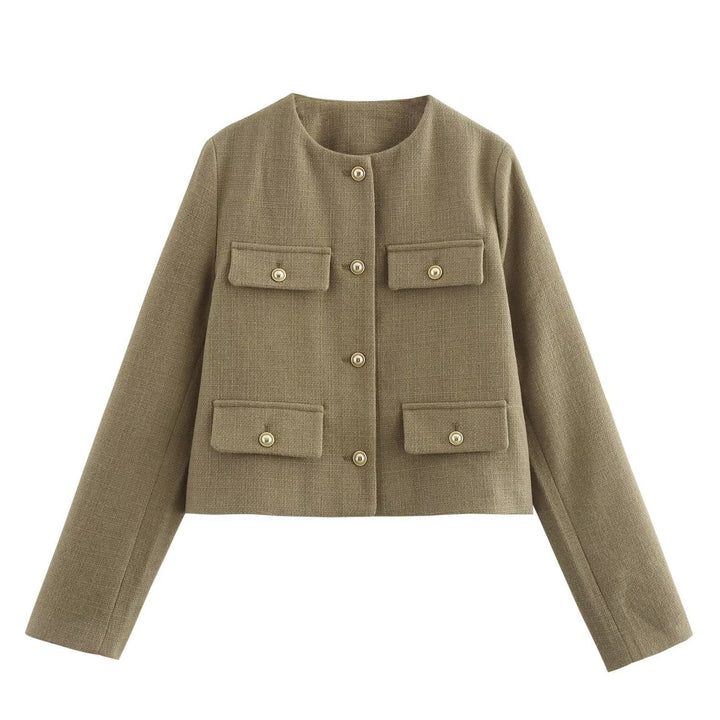 Dam kort Boucle blazer jacka med Round Neck, dekorativ ficka Flaps, och Gold-Colored knappar