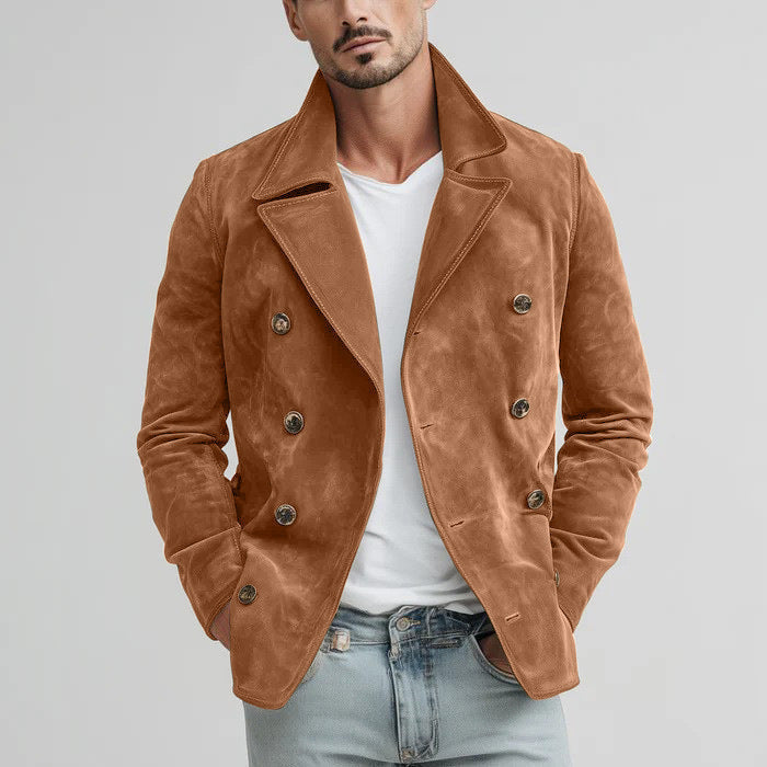 Herr Double-Breasted Suede Jacka i Short Rock Blouson med Prominent Lapels
