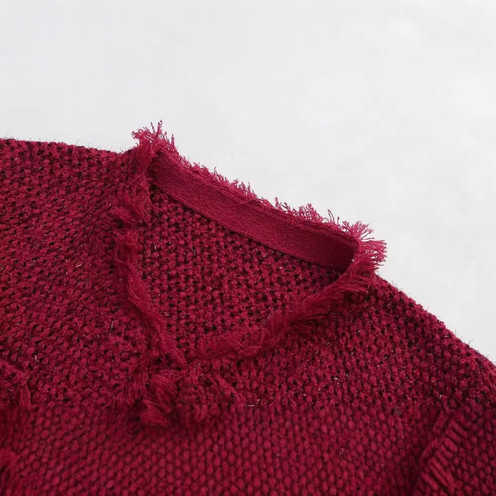 Dam Kort Bouclé Tweedjacka med Fringe Kant, Patch Fickor och Round Neckline
