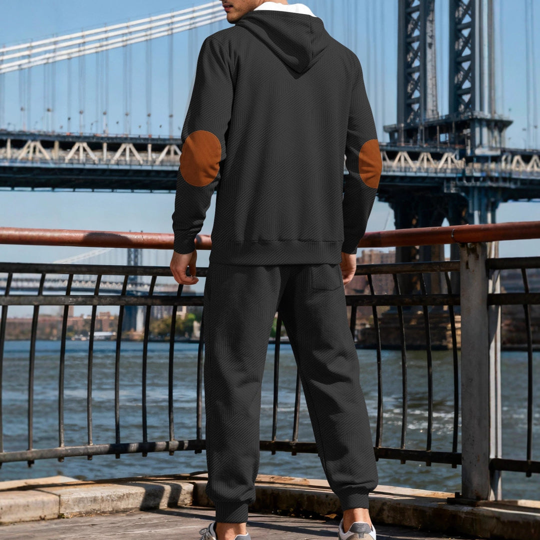 Herr Textured Luvtröja Jogging Set med Henley Knapplist och Contrast Elbow Lappar