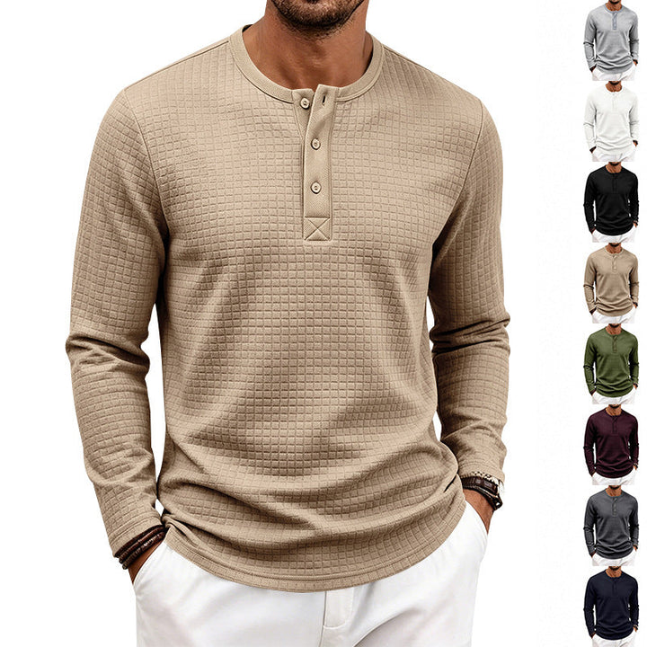Herr Strukturerad Waffle Termisk Skjorta med Henley Knapplist och Rounded Fåll