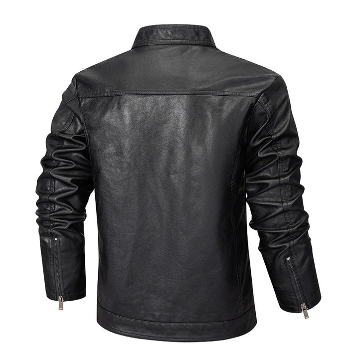 Herr Slim-Fit Konstläder Zip Jacka med Ståkrage och Söm Panels