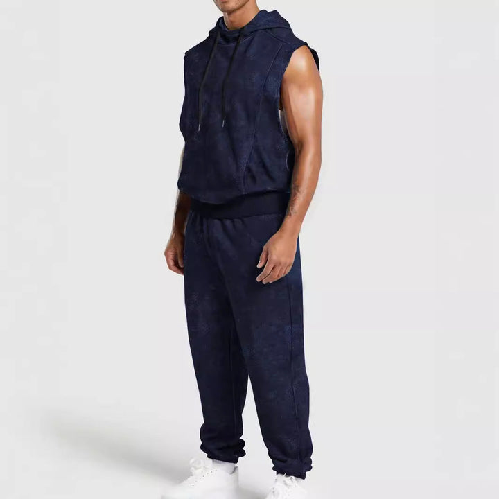 Herr Sleeveless med Huva Sweat Set i Velour Look med Elastic Joggingbyxor och Ribbstickade Muddar