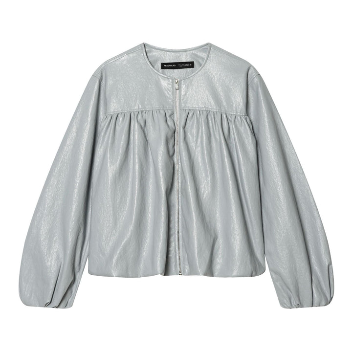 Dam kort glansig oversized bomberjacka med gathered chest yoke och voluminous balloon ärmar
