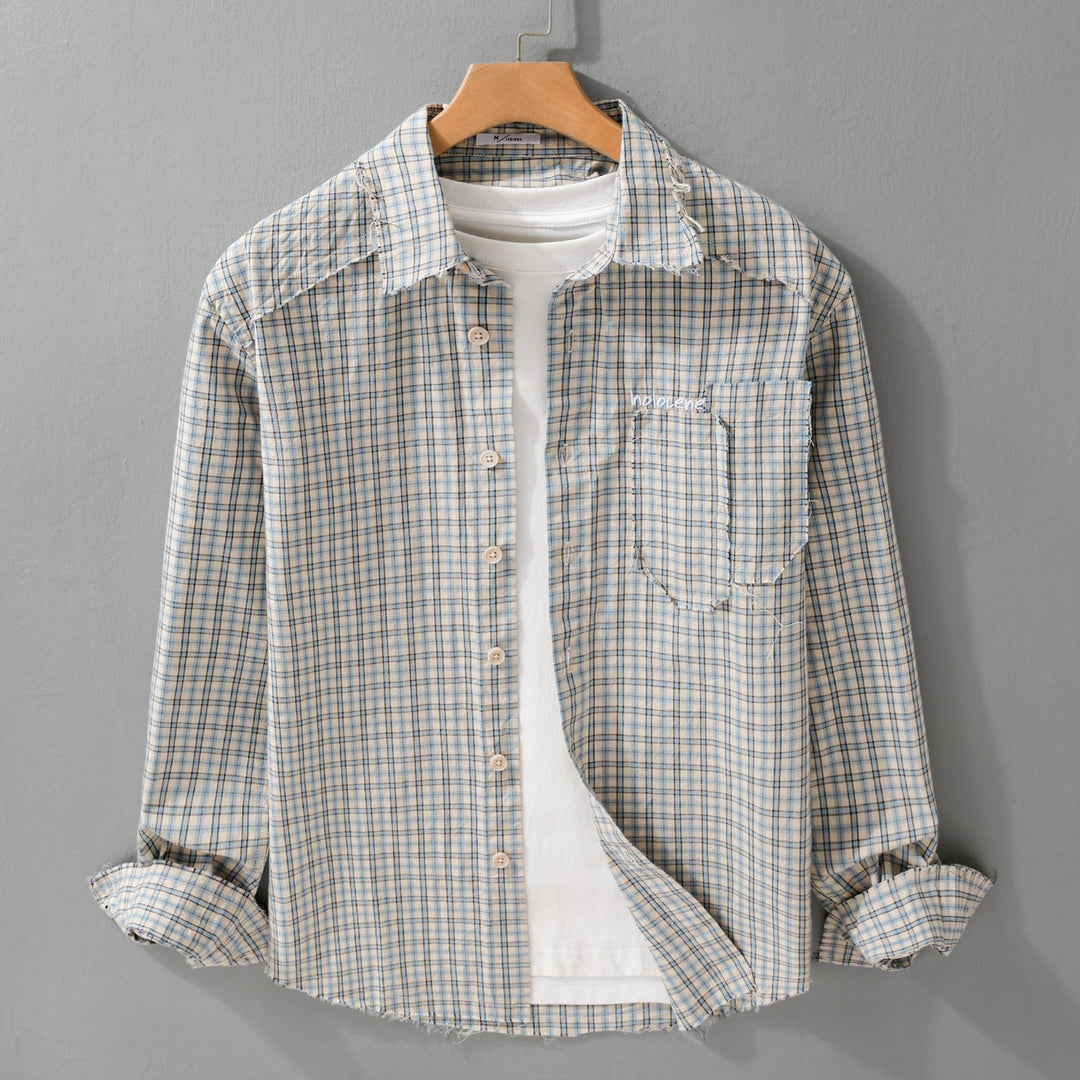 Herr Check Overshirt med Frayed Fåll, Bröstficka, och Avslappnad Passform