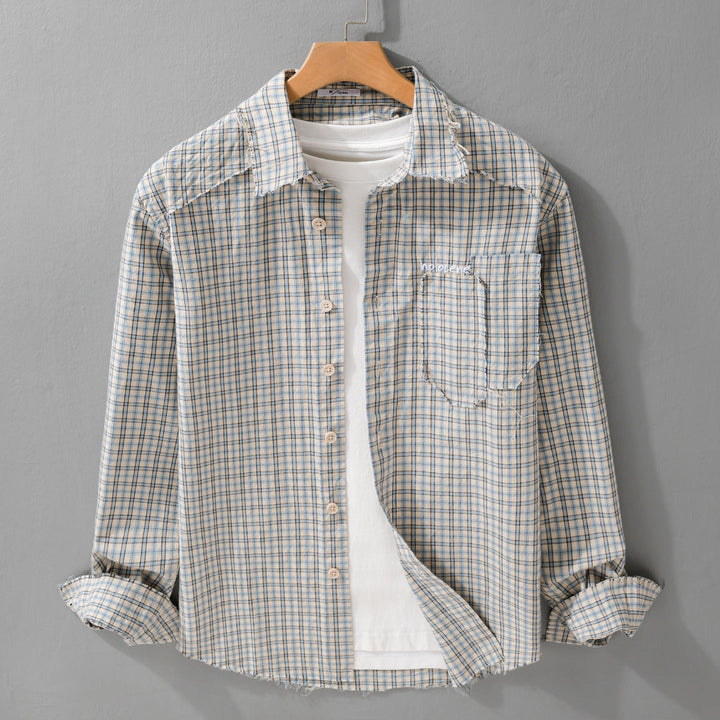 Herr Check Overshirt med Frayed Fåll, Bröstficka, och Avslappnad Passform