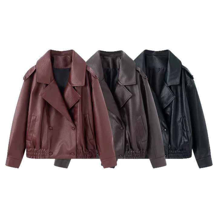 Dam oversize konstläder jacka med stor Lapels, Double-Breasted Snap Placket och Elastic fåll