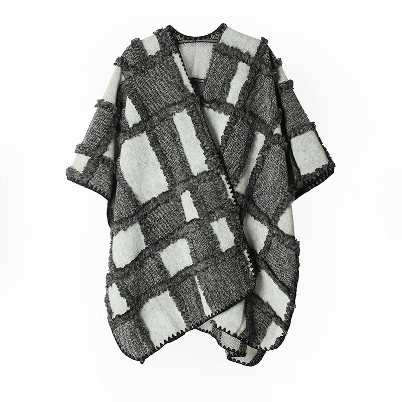 Dam Structured Patchwork capeponcho tillverkad av ullblandning med open drape och kontrasterande edge stitching