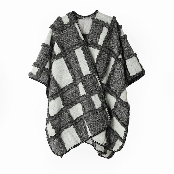 Dam Structured Patchwork capeponcho tillverkad av ullblandning med open drape och kontrasterande edge stitching