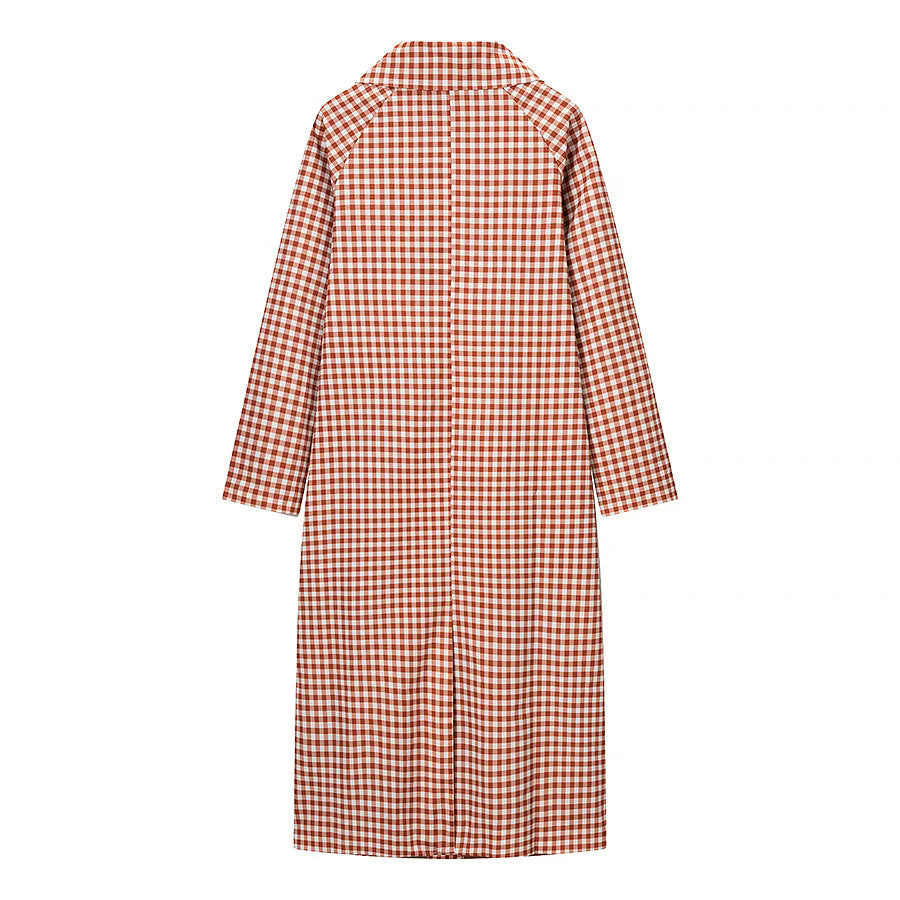 Dam rutig midi trenchcoat med skjortkrage, full knäppning och påsydda fickor
