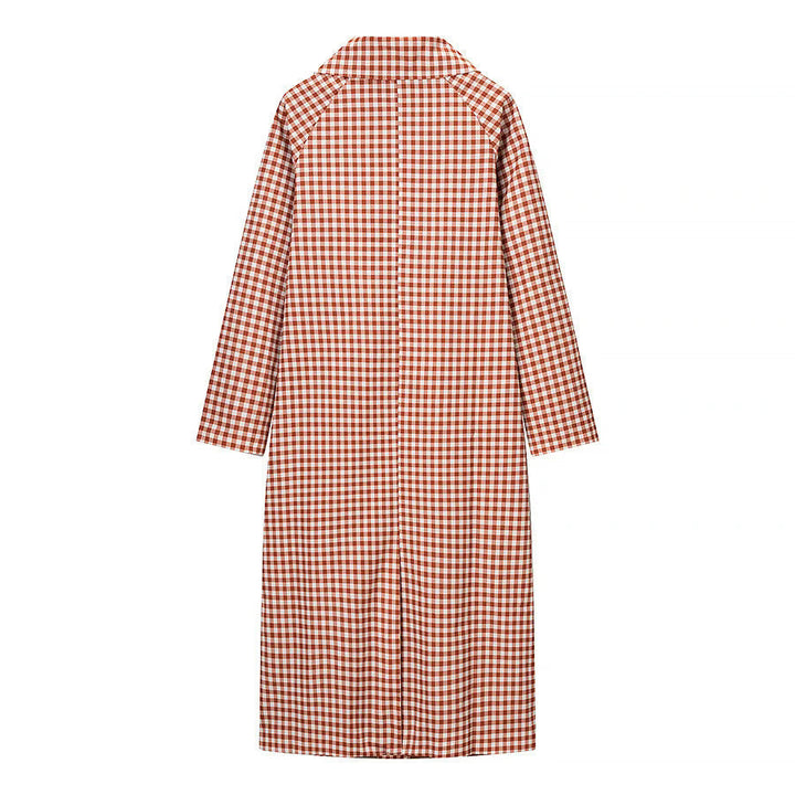 Dam rutig midi trenchcoat med skjortkrage, full knäppning och påsydda fickor