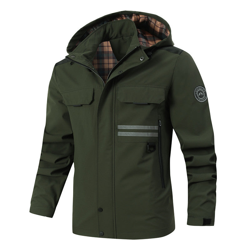 Herr teknisk parka Jacka med huva, Reflekterande Detaljer och Rutmönster Invändig Foder