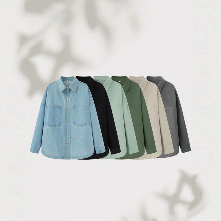 Dam Oversized Jeans Skjorta Jacka i Boxig Skärning med Lapp Bröst Fickor och Rounded Fåll