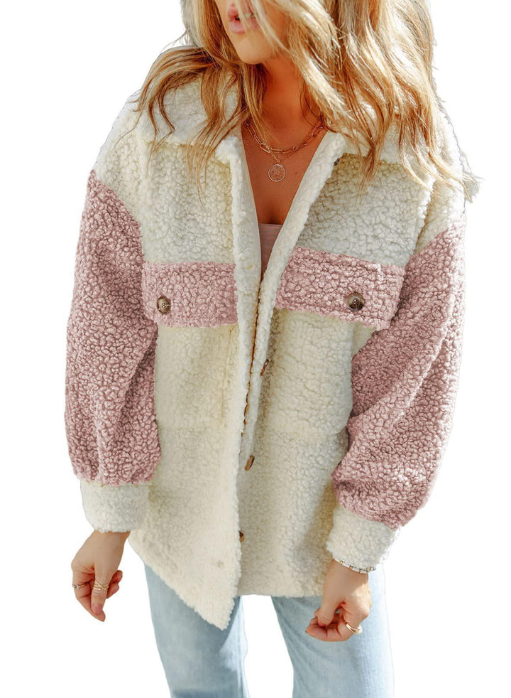 Dam oversized Teddy shirt jacka med kontrast stripes, applied bröstfickor och visible knäppning