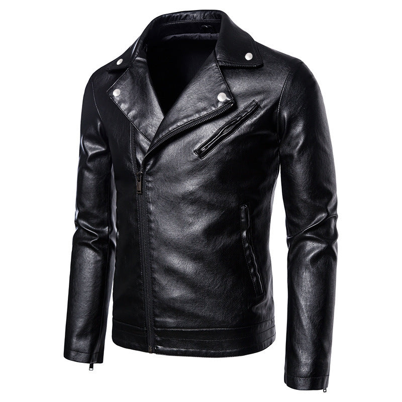 Herr Slim-Fit Biker Jacka i Läder Look med Asymmetrical Dragkedja och Notched Krage