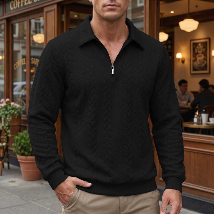 Herr Strukturerad Halv Dragkedja Pullover med Turtle Neck, Fin Cable Mönster och Elastiska Muddar