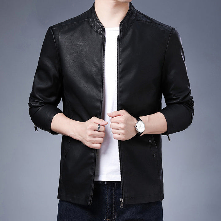 Herr Smal Leather-Look Blouson i Aviator Minimal Stil med Stående Krage och Zippered Ärmar