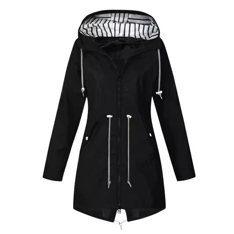 Dam figursydd parka jacka med huva, drawstring waist och concealed dragkedja