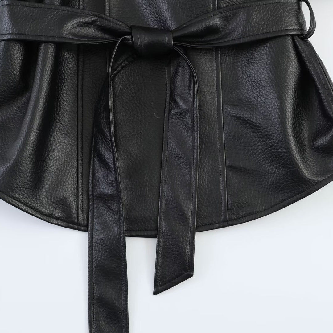 Dam Läderlook Wrap Jacka med Tie Belt