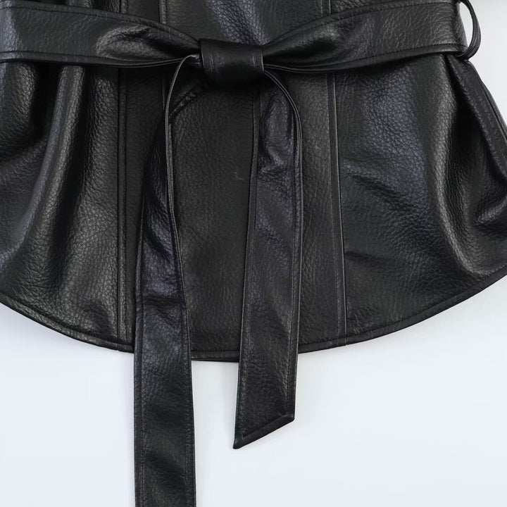 Dam Läderlook Wrap Jacka med Tie Belt