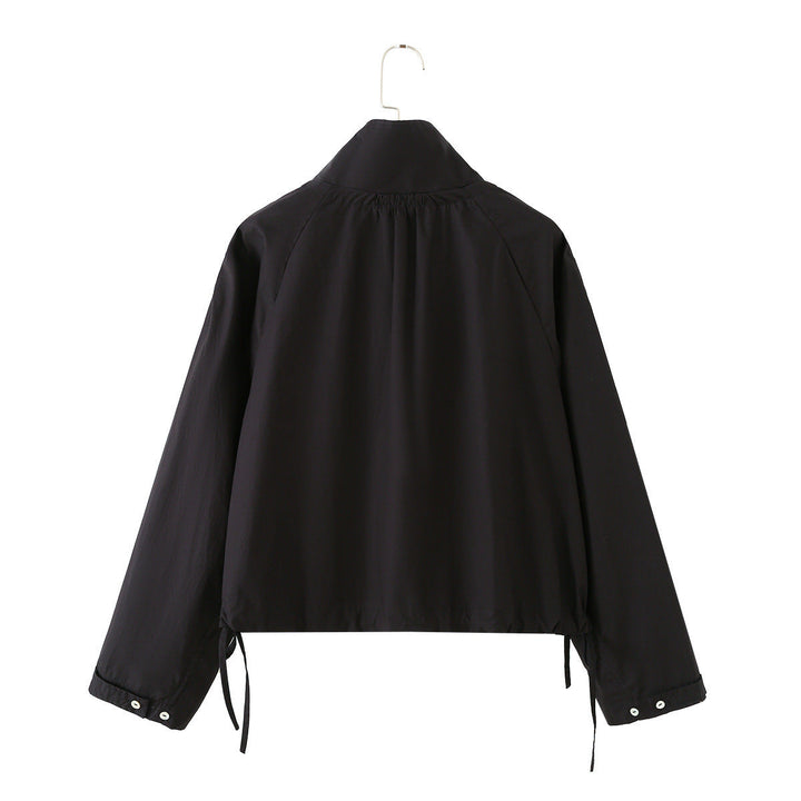 Dam Kort Skärning Blouson Jacka med Hög Stå Krage, Knapp Knäppning och Drawstring