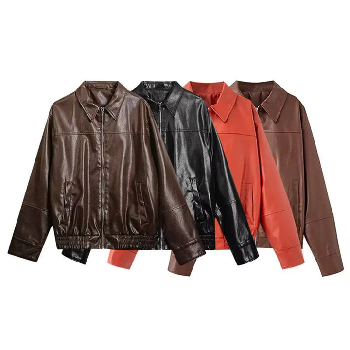 Dam oversized smooth läder look blouson med skjortkrage, alla-över dragkedja och elastic waistband