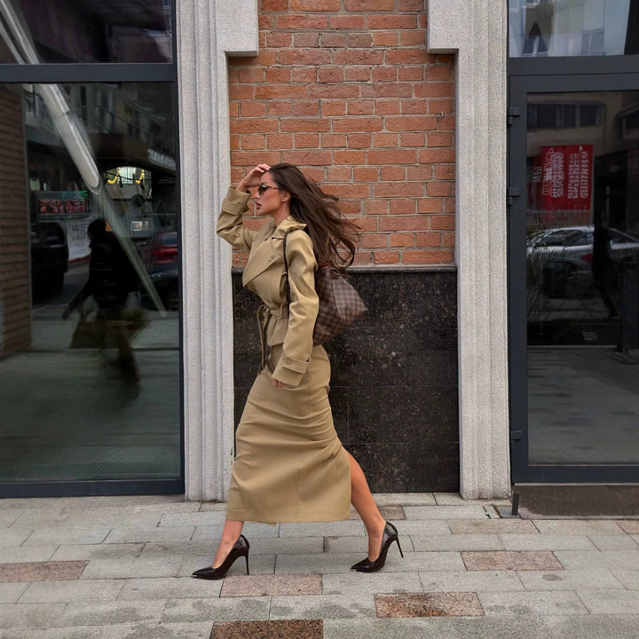 Dam Tailored Kort Trench med Peplum och Tie Belt