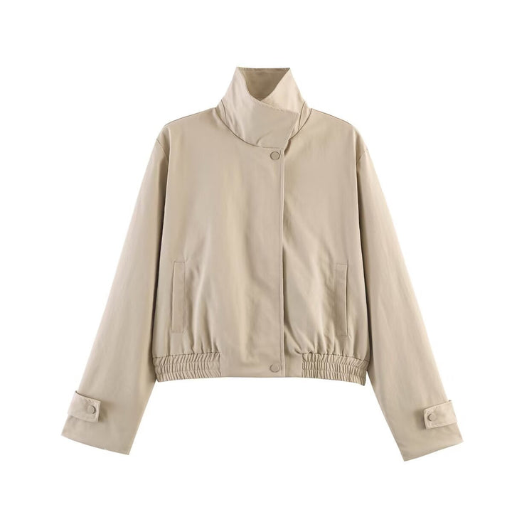 Dam kort skärning boxy blouse jacka med hög ståkrage, snap knappslå, och elastic fåll