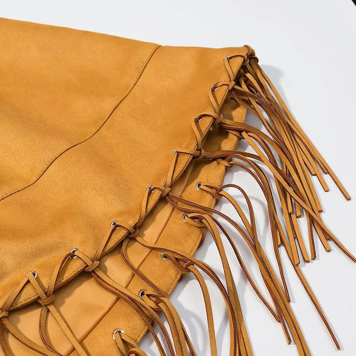 Dam Velvet look Cape med skjortkrage, Decorative Stitch och lång Fringe