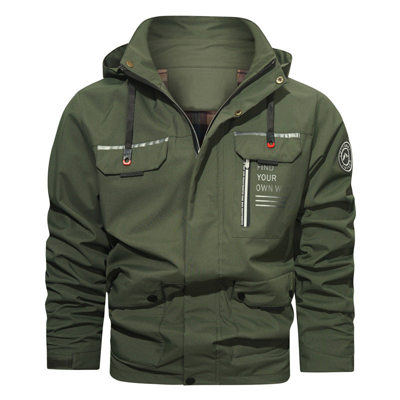Herr Water-Repellent med Huva Field Jacka med Bröst Dragkedja och Multifunction Fickor