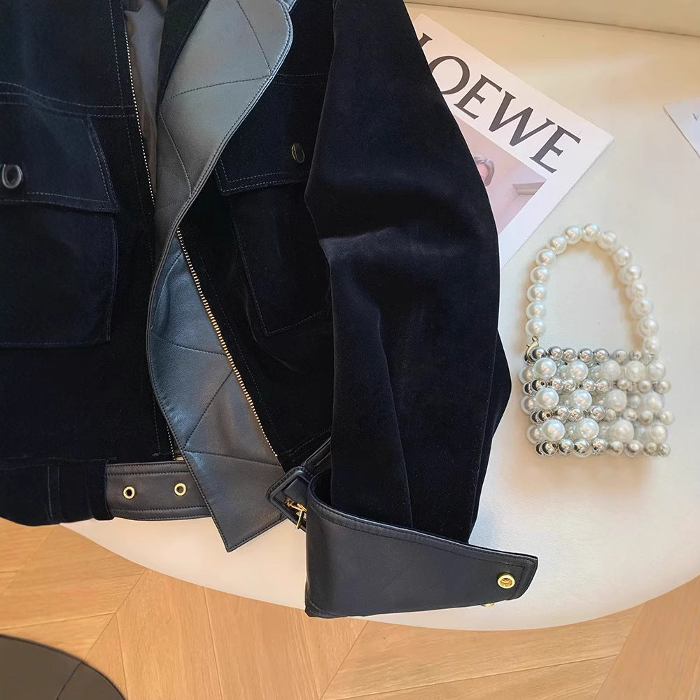Dam sammet bikerjacka med läder trim, justerbar bälte &amp; gold detaljer