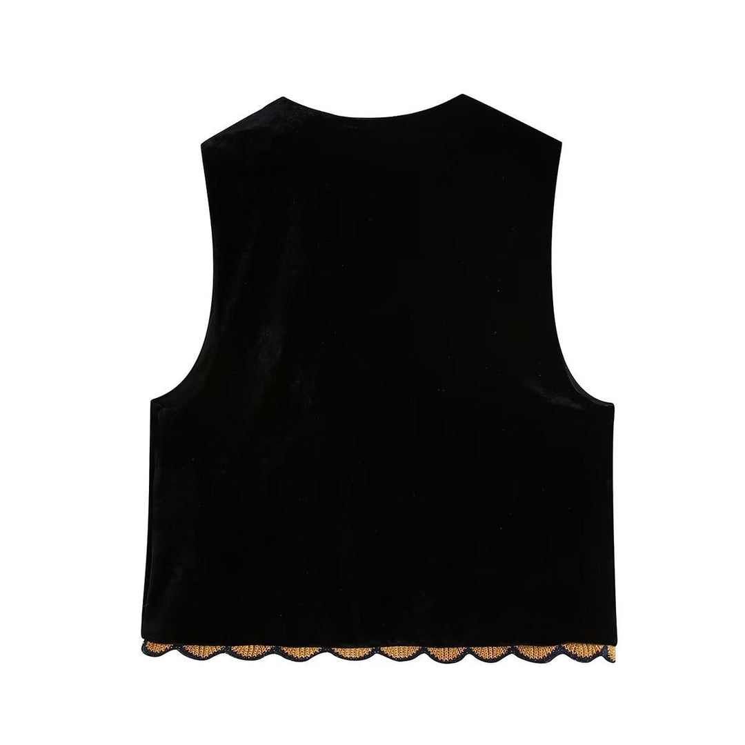 Dam Embroidered Velvet Väst med Folk Bead Embroidery och Curved Nederkant