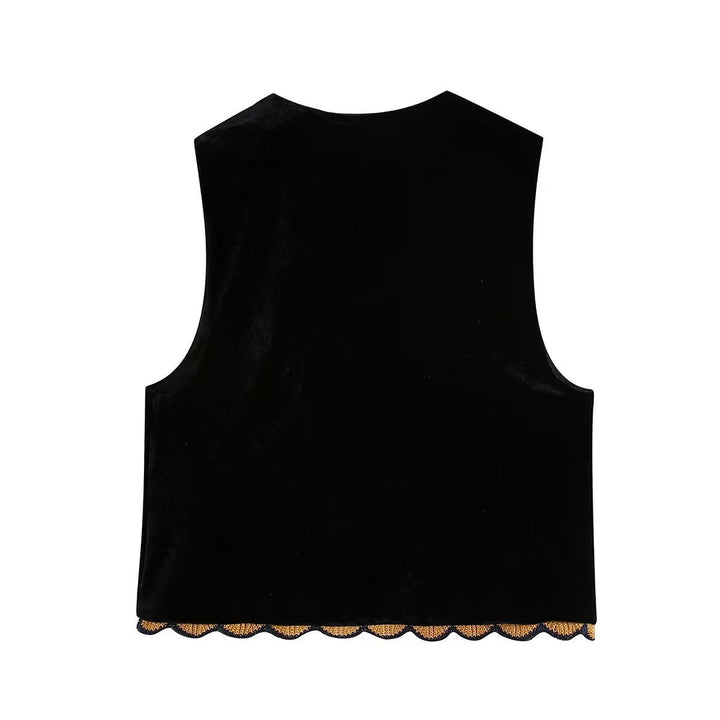 Dam Embroidered Velvet Väst med Folk Bead Embroidery och Curved Nederkant