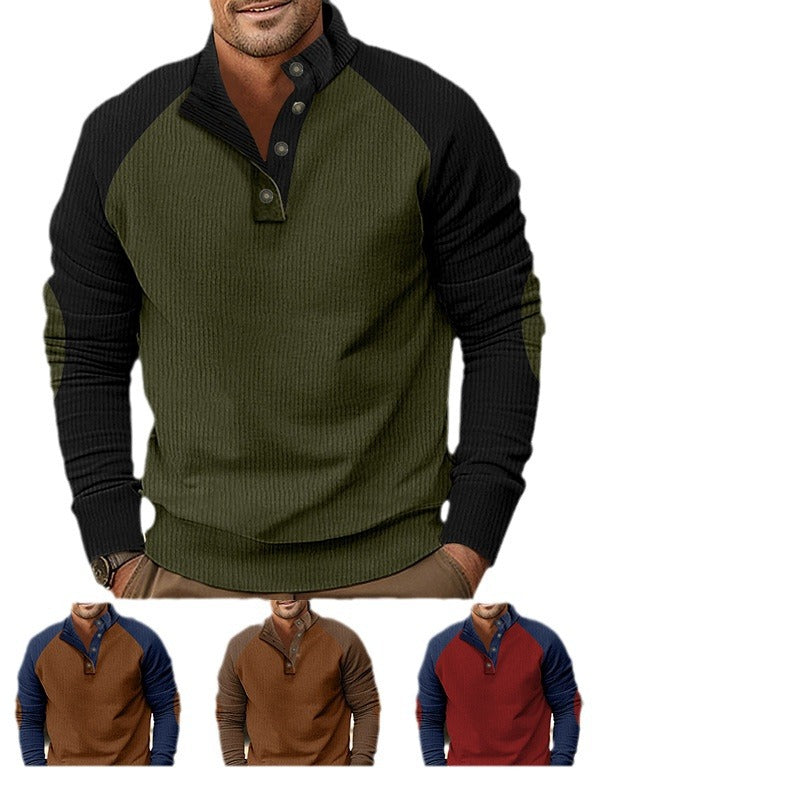 Herr Warmer Waffle Texture Henley Pullover med Contrast Raglanärmar &amp; Ståkrage