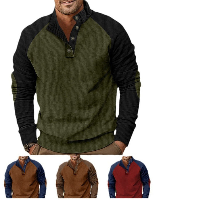 Herr Warmer Waffle Texture Henley Pullover med Contrast Raglanärmar &amp; Ståkrage
