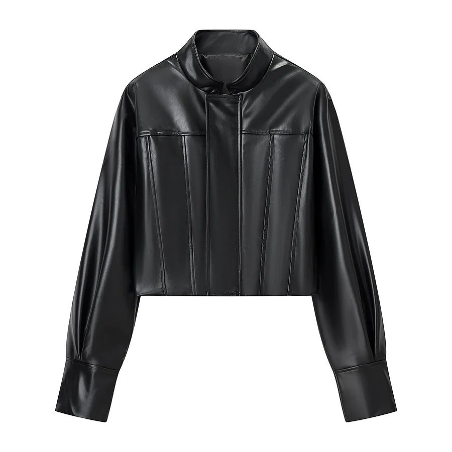 Dam kort vegan läderjacka i cropped corset stil med ståkrage
