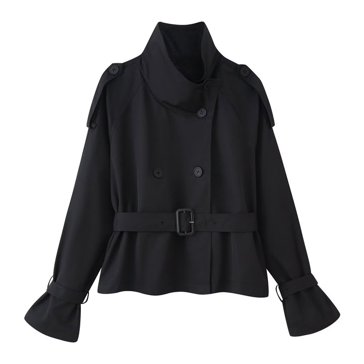 Dam kort skärning double-breasted trenchcoat med vid shawl krage, skräddad bälte och justerbar ärm straps
