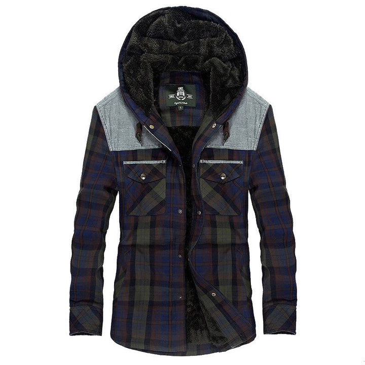 Herr Checkered Vadderad Skjortjacka med Huva och Teddyfoder