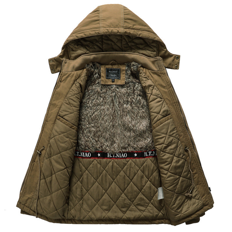 Herr Canvas Parka med Quiltad Termisk Foder, Faux Fur Inre Foder, och Huva