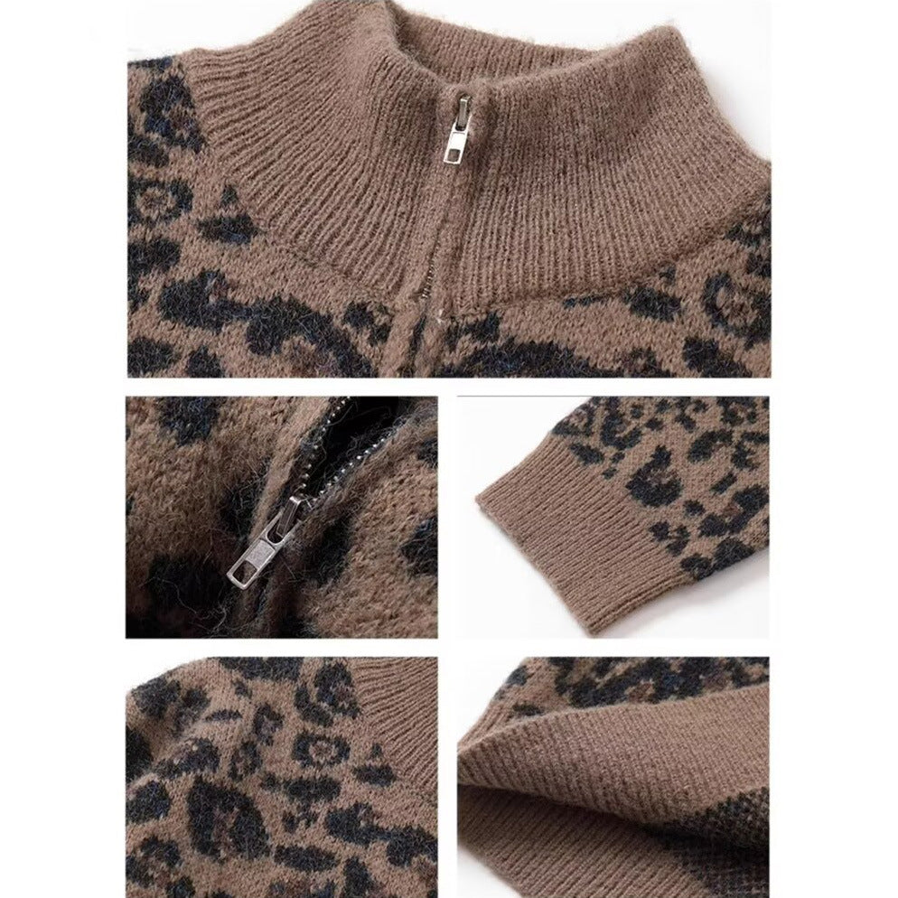 Herr Modern Stickad Jacka med Leopard Mönster och Hög Krage