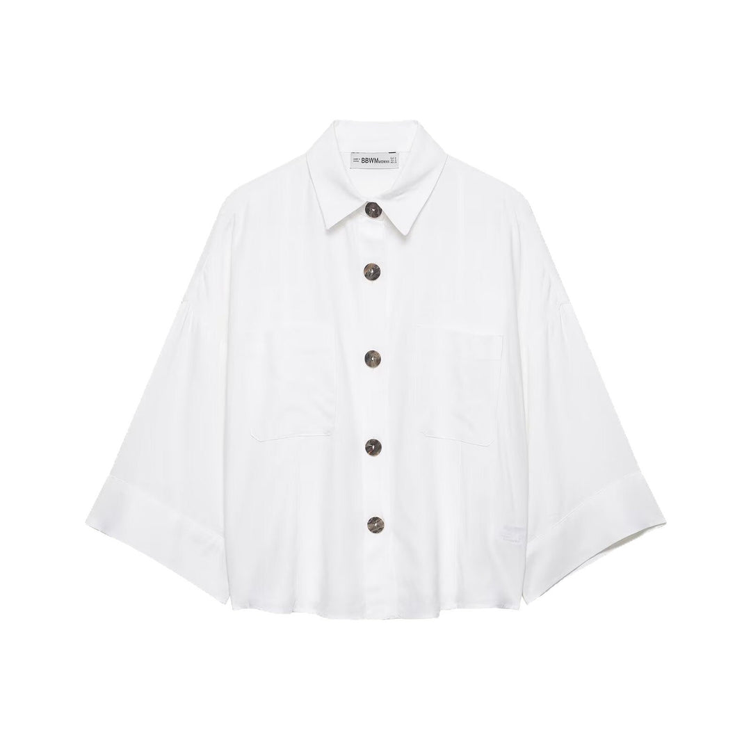 Dam Kort Oversize Skjortjacka med Kimono Ärmar och Dekorativ Knappar