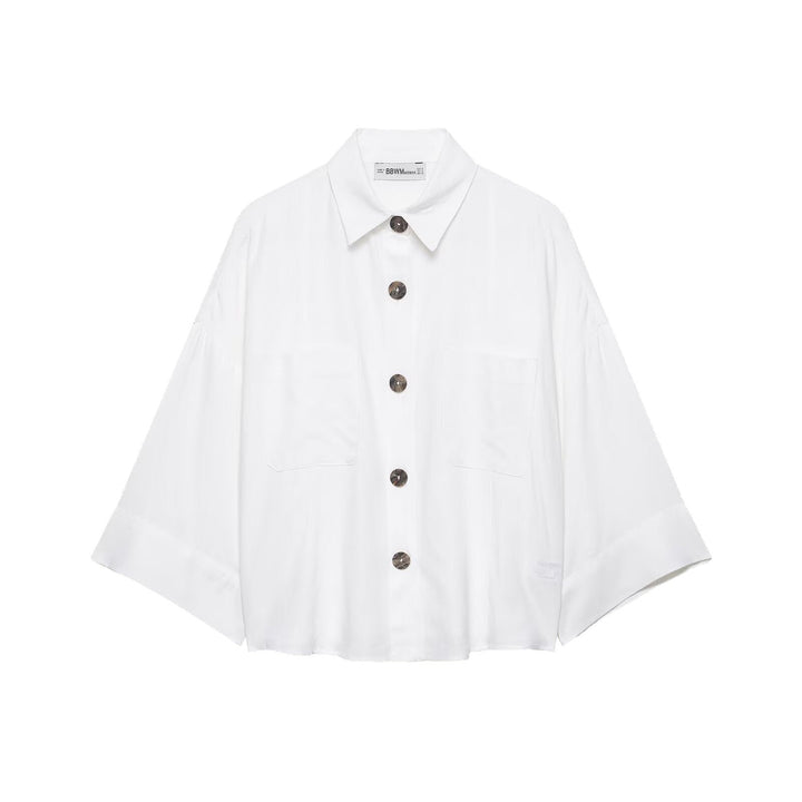 Dam Kort Oversize Skjortjacka med Kimono Ärmar och Dekorativ Knappar