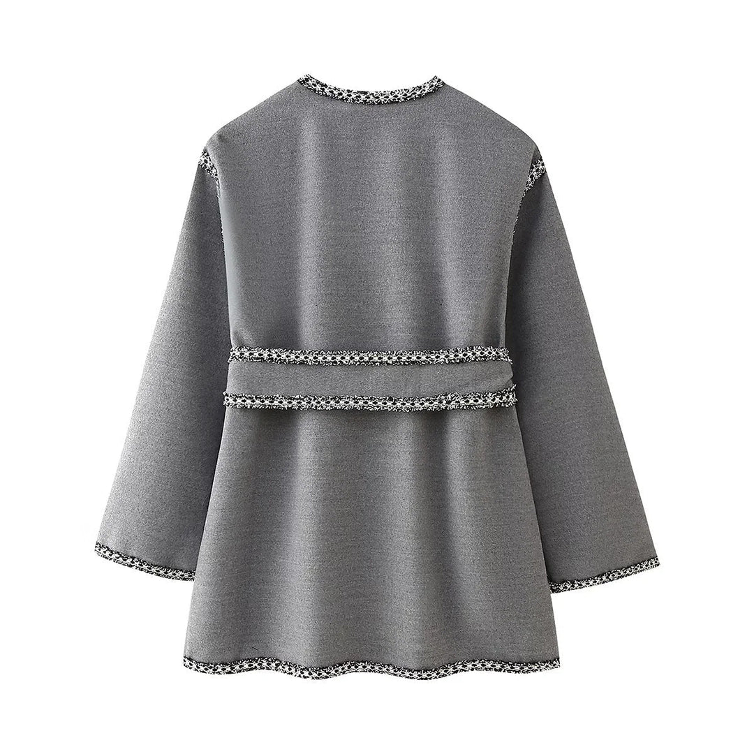 Dam kort-skärning kimono kappa med tie bälte och kontrasterande fringe piping