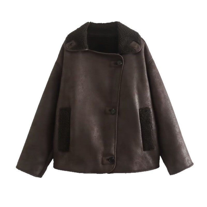 Dam kort jacka in oversize shearling look med slagkrage och fickor