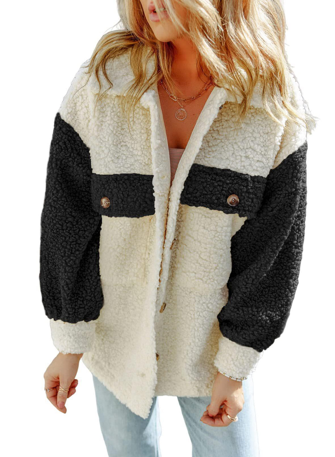 Dam oversized Teddy shirt jacka med kontrast stripes, applied bröstfickor och visible knäppning